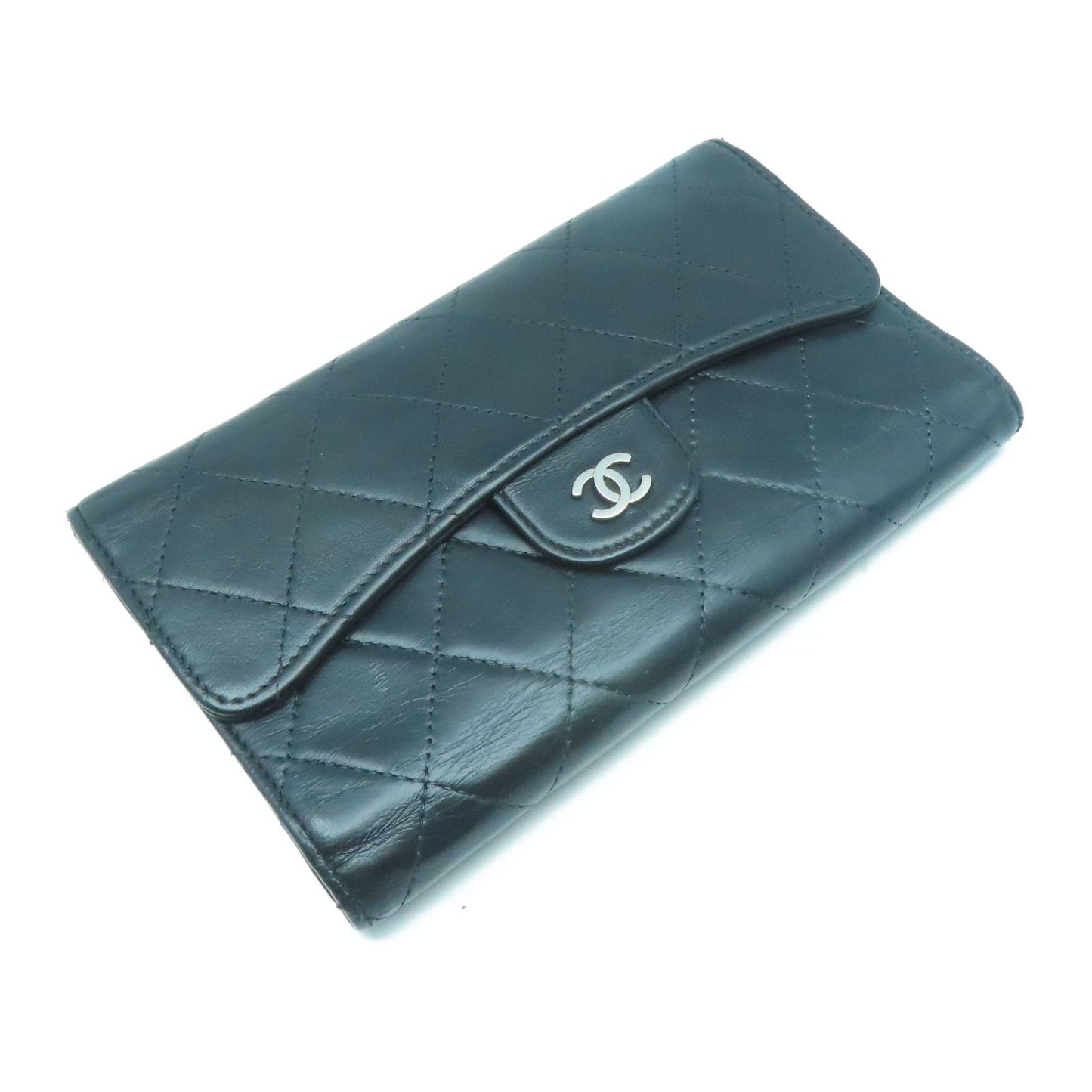 Chanel - Quilted CC SHW Round Black Lambskin Long Wallet